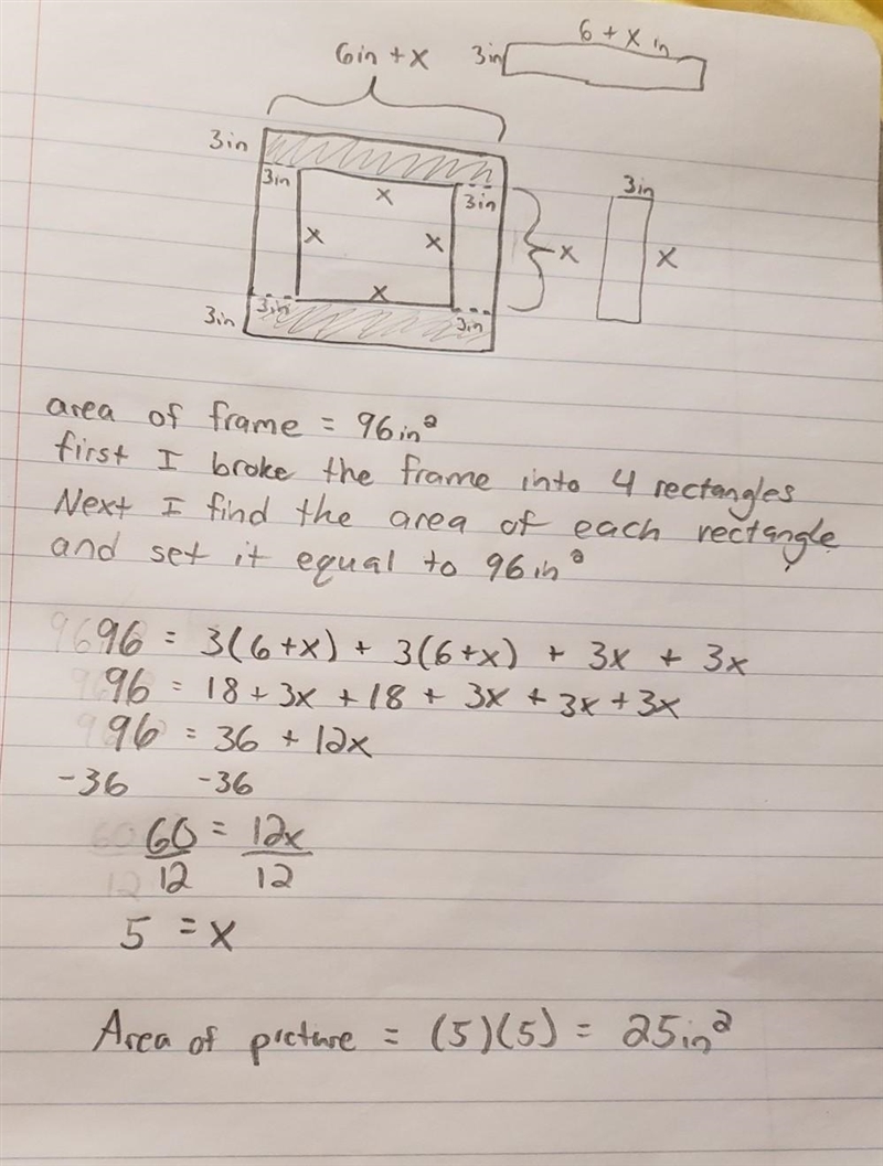 A square picture has a 3-in. frame around it. If the area of the frame alone is 96 in-example-1