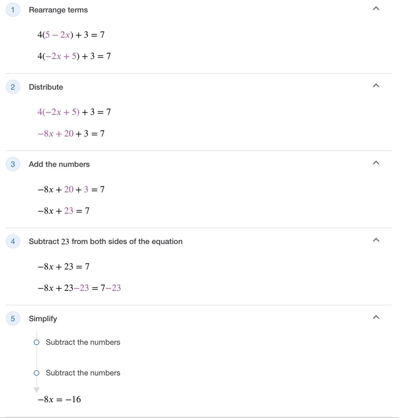 4(5-2x)+3=7 step by step pls-example-1