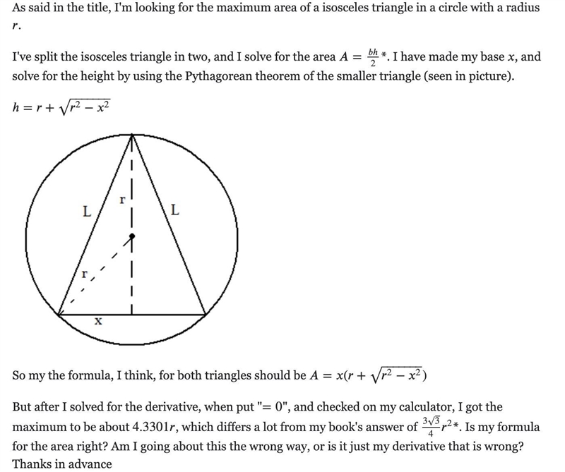 Find the largest area of an isosceles triangle inscribed in a circle of radius 3-example-1