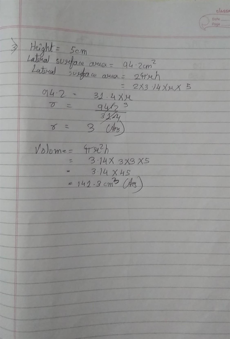 3. If the lateral surface area of a cylinder is 94.2 cm2 and its height is 5 cm, then-example-1