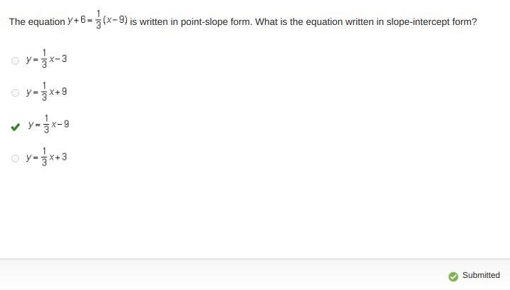 The equation y + 6 = one-third (X minus 9) is written in point-slope form. What is-example-1