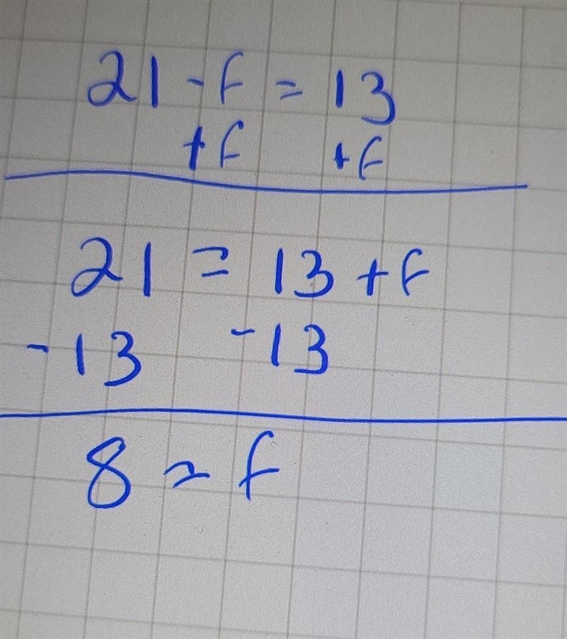 Which value in the set {5,6,7,8,9} is a solution of the equation 21 - f = 13? Show-example-1