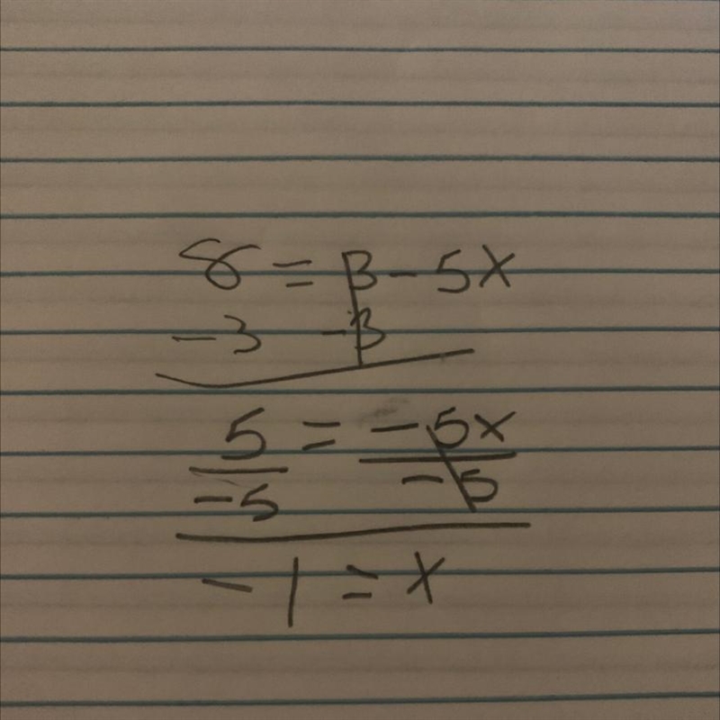 Find the value of x if 8=3-5x step by step​-example-1