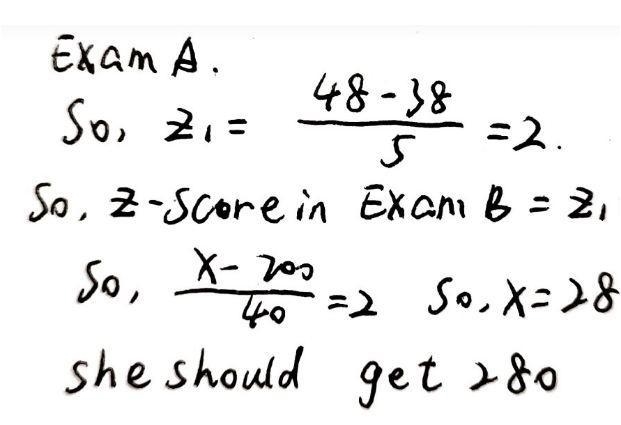 Kaylee earned a score of 48 on Exam A that had a mean of 38 and a standard deviation-example-2