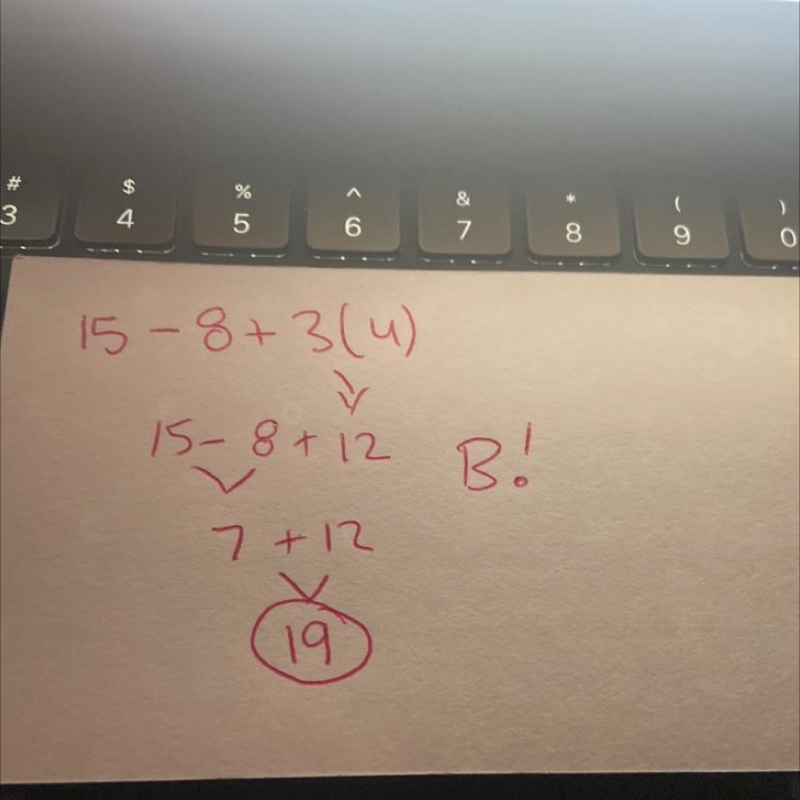 If x = 15 and y = 4, what is the value of the following expression? x - 8 + 3y A. 52 B-example-1