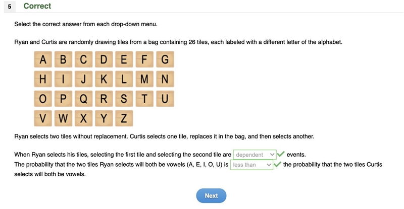 Ryan and Curtis are randomly drawing tiles from a bag containing 26 tiles, each labeled-example-1