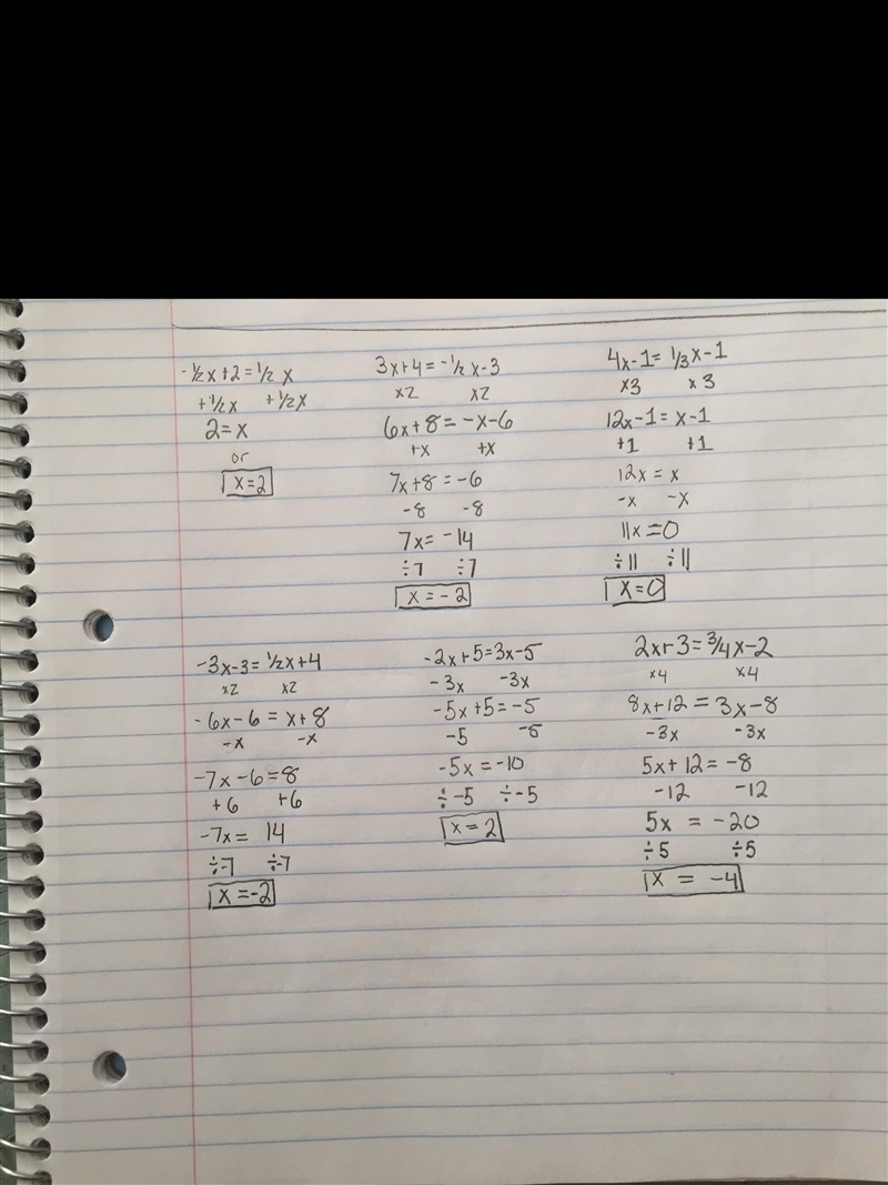 Solve -1/2x+2=1/2 x Algebraically solve 3x+4=-1/2x-3 Algebraically solve 4x-1=-1/3x-example-1