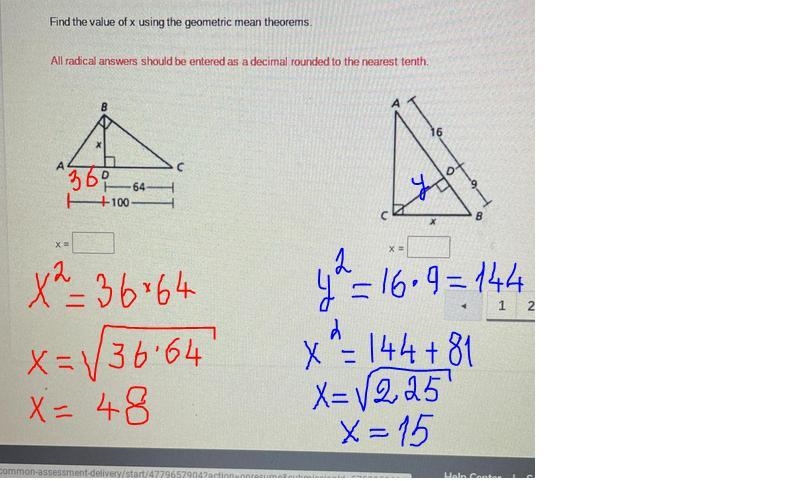 Find the value of x using the geometric mean theorems. All radical answers should-example-1