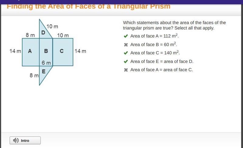 A triangular prism. Rectangle A has a base of 14 meters and height of 8 meters. Rectangle-example-1