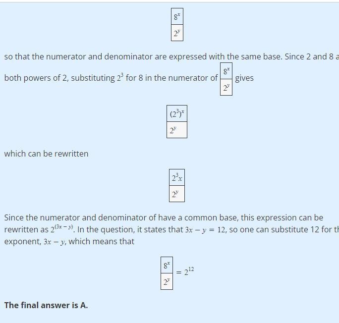 If 3x−y=12, what is the value of 8x and 2y? A) 212 B) 44 C) 82 D) The value cannot-example-1