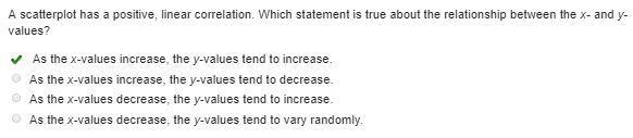 A scatterplot has a positive, linear correlation. Which statement is true about the-example-1