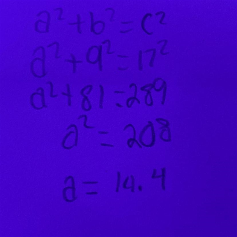 A right triangle has a leg of length 9 and a hypotenuse of length 17 yards. Find the-example-1