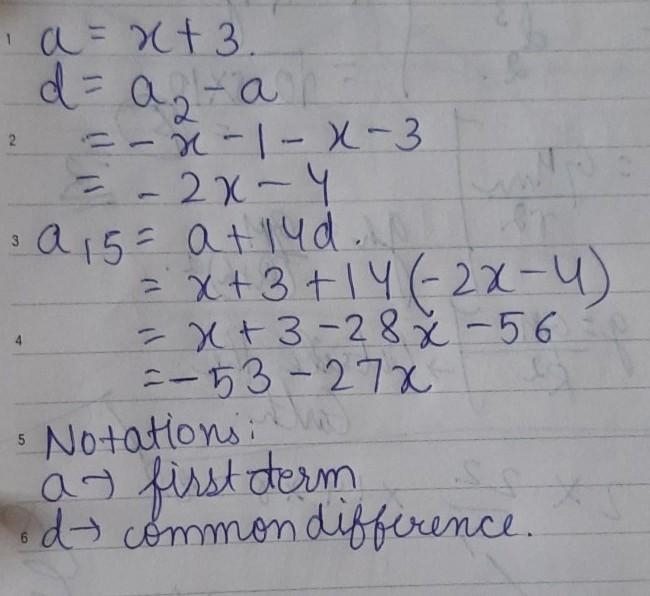 Find the 15th term of the arithmetic sequence x + 3, – X – 1, -3x – 5,...-example-1