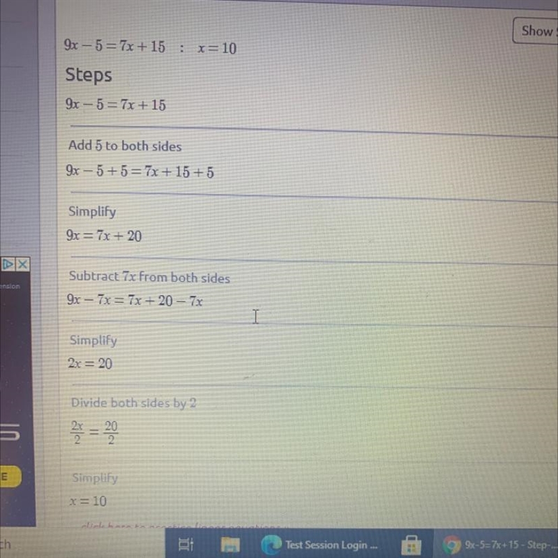 Determine the number of solutions for this equation. 9x−5=7x+15-example-1