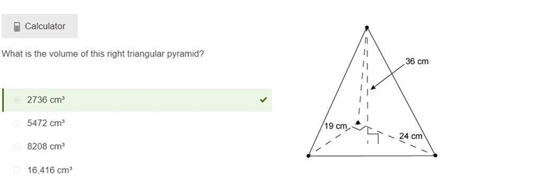 What is the volume of this right triangular pyramid? Height -36 Base: side 1 -24 side-example-2