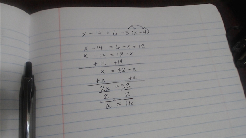 X - 14 = 6 - 3(x - 4) step by step-example-1