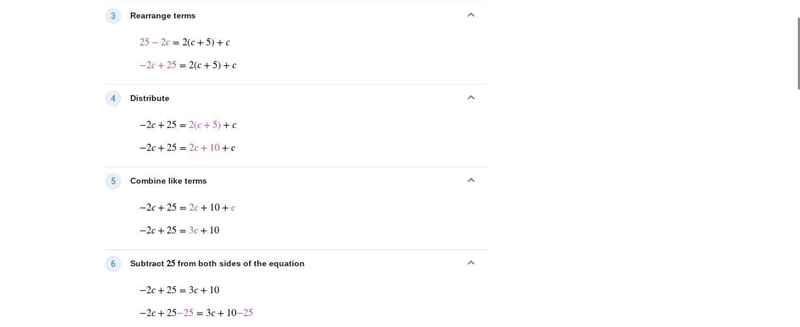 What is the answer of c 28-(2c+3)=2(c+5)+c-example-2