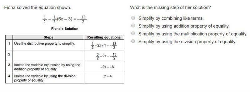 Fiona solved the equation shown. – StartFraction 5 Over 3 EndFraction v plus 4 equals-example-1