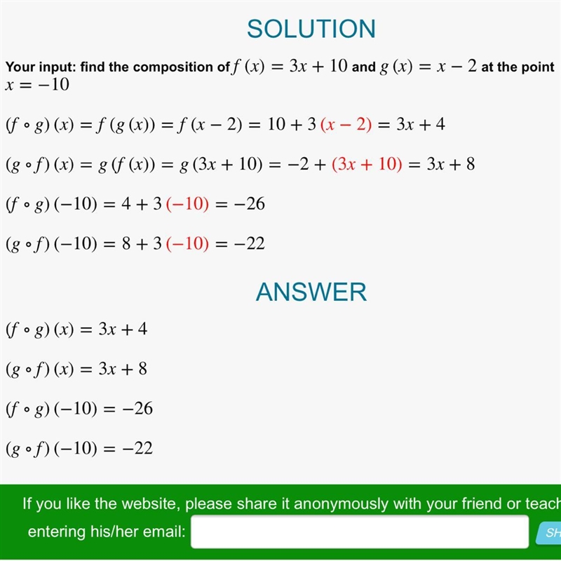 Let f(x) = 3x + 10 and g(x) = x - 2 Find g(f(-10)-example-1