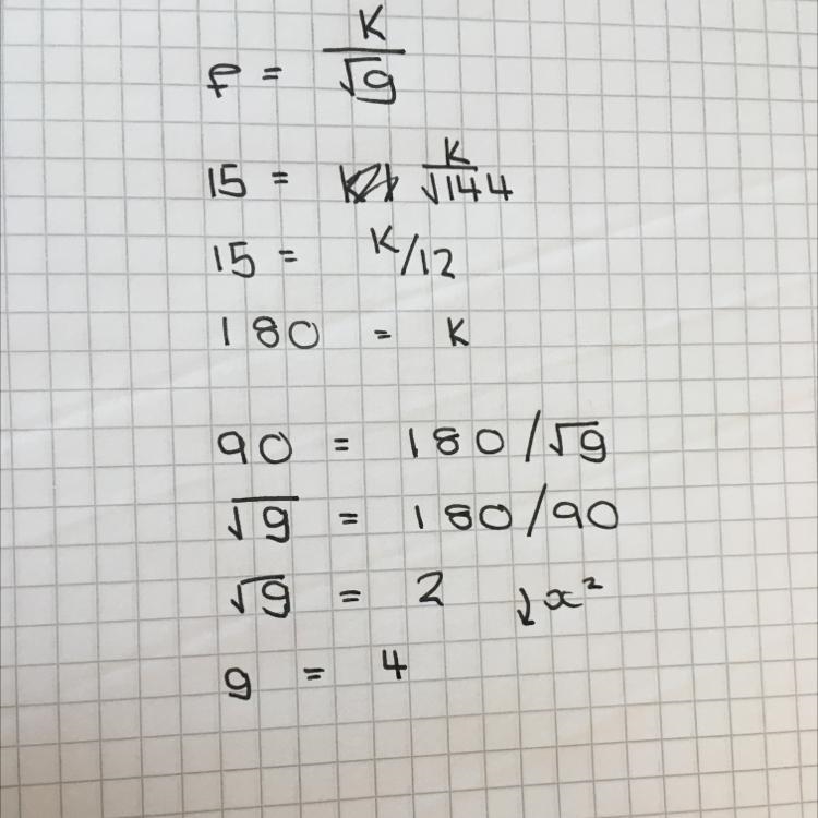 F is inversely proportional to √ g . When f = 15 , g = 144 Work out g when f = 90-example-1