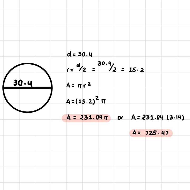 If the Diameter of a circle is 30.4, what is the area of the circle?-example-1