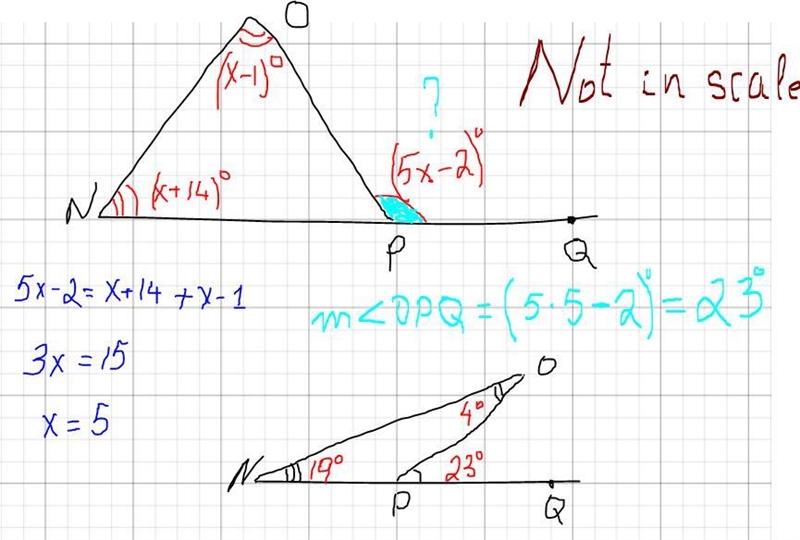 In ANOP, NP is extended through point P to point Q, mZPNO = (x + 14), mZOPQ = (5x-example-1