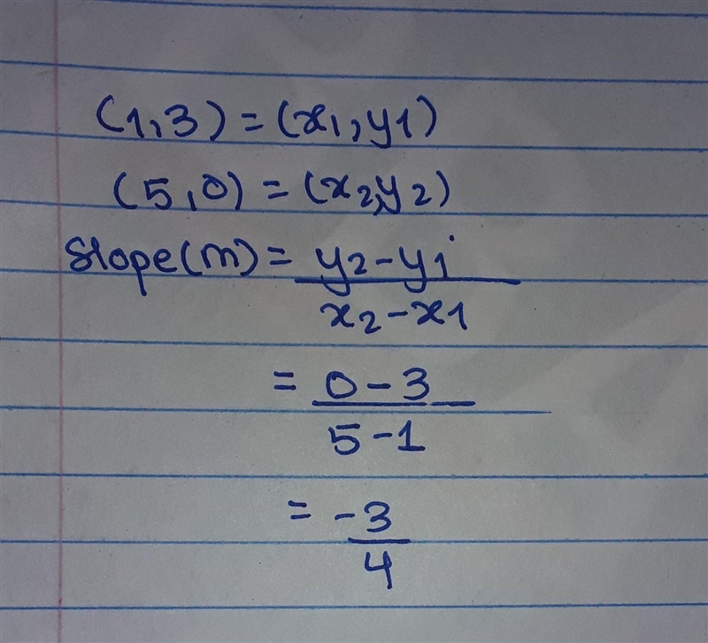 A line contains points (1, 3) and (5,0). What is the slope of the line?-example-1