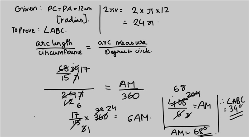 Angle ABC is inscribed in circle p the length of PC is 12 units the arc length of-example-1