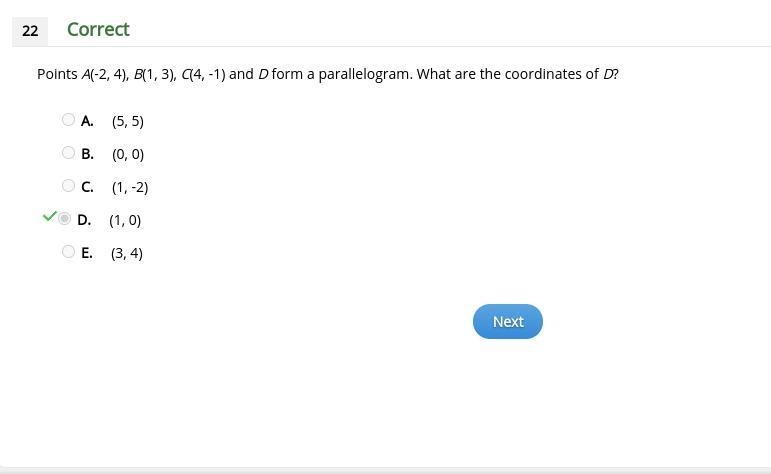 Points A(-2, 4), B(1,3), C(4,-1) and D form a parallelogram. What are the coordinates-example-1