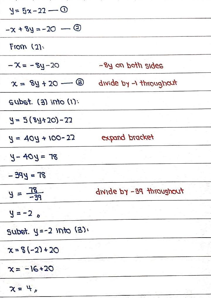 Y=5x-22 -x+8 y=-20 find x and y please show your work.-example-1