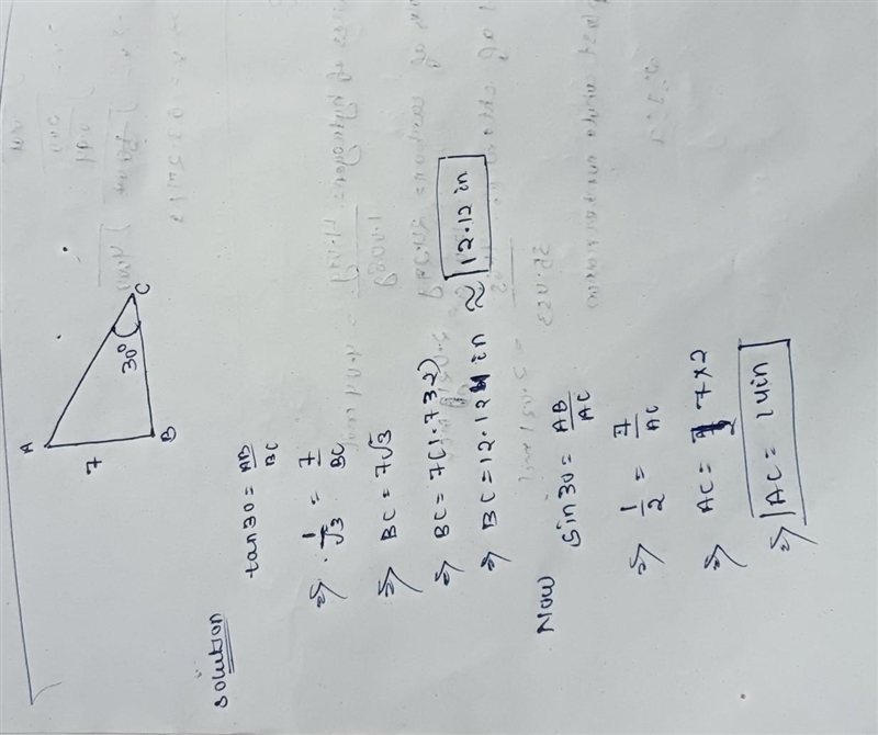 in a right triangle, the leg opposite to the angle of 30 degrees is 7 in. find the-example-1