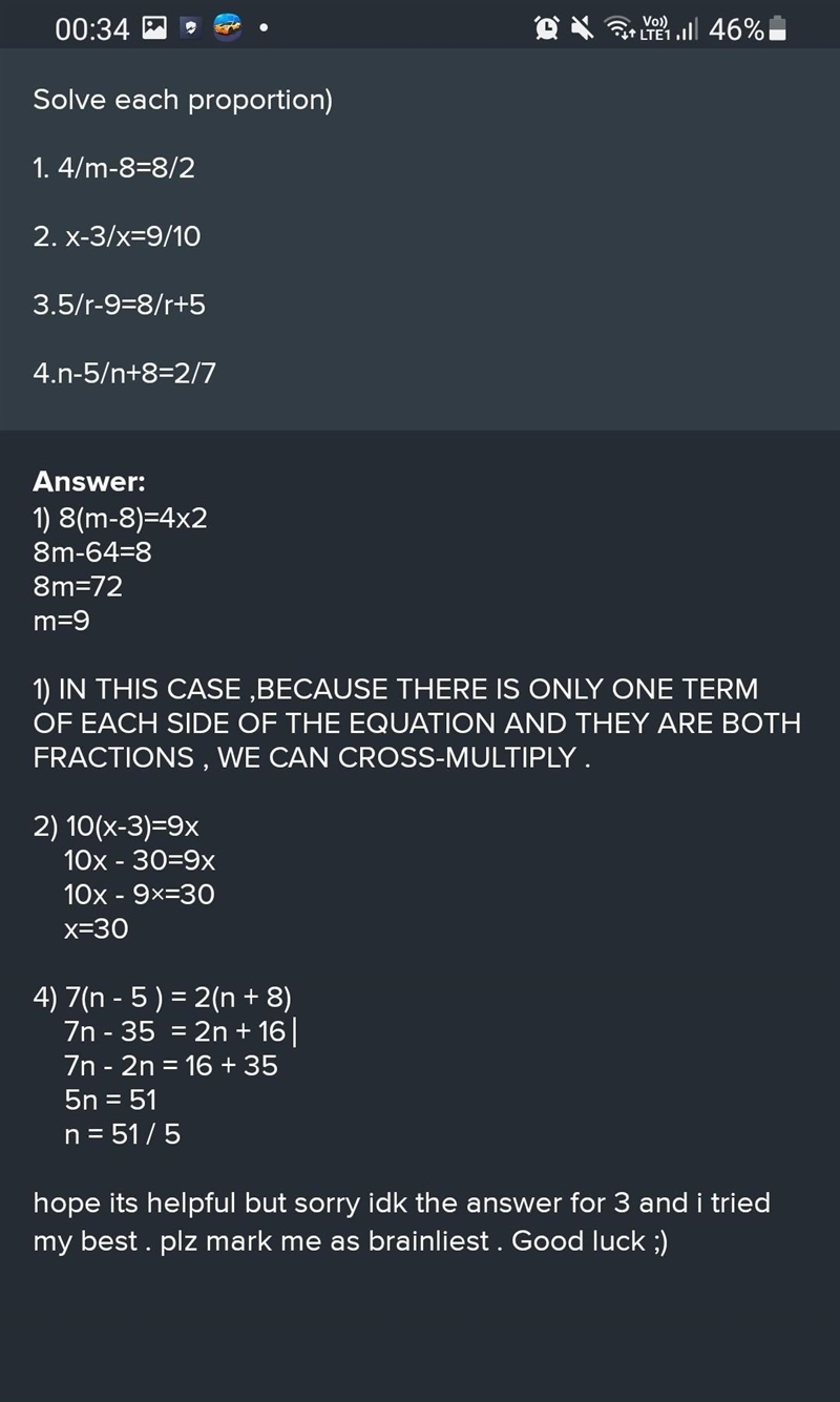 Solve each proportion) 1. 4/m-8=8/2 2. x-3/x=9/10 3.5/r-9=8/r+5 4.n-5/n+8=2/7-example-1