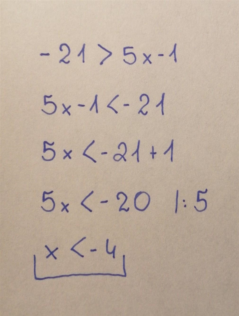 Solve the inequality for x. -21 > 5x - 1 Simplify your answer as much as possible-example-1