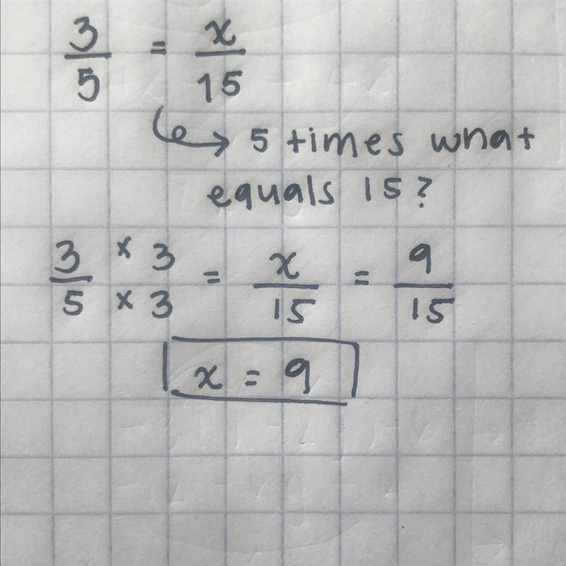 Can someone please help me . 3/5 = x/15, x = ??-example-1