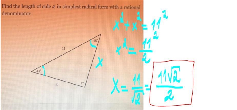 Find the length of side x in simplest radical form with a rational denominator.-example-1