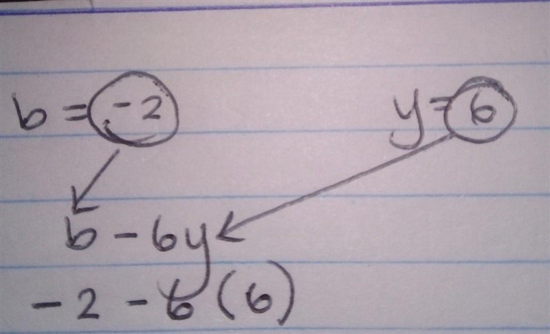 Evaluate the expression when b=-2 and y=6 . b-6y-example-2