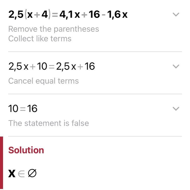 How many solutions does the system of equations have explain 2.5(x+4)=4.1x+16-1.6x-example-1