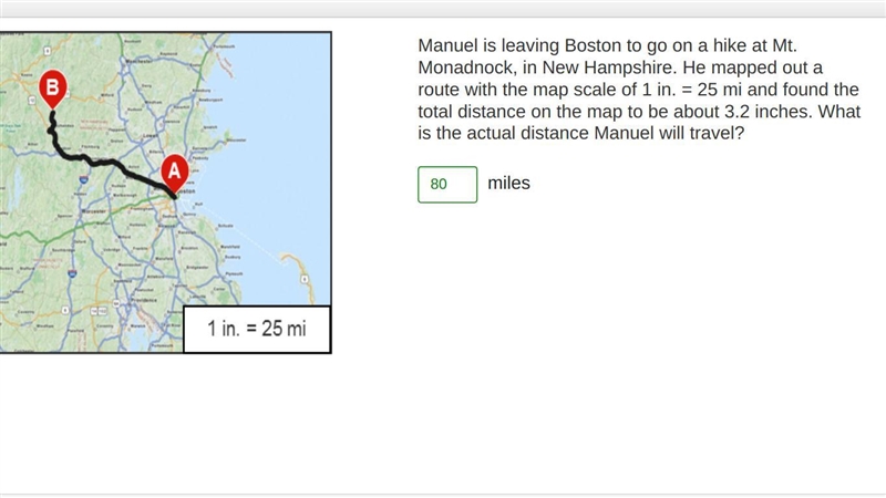 A route from point A to point B. 1 inch on the map equals 25 miles. Manuel is leaving-example-1