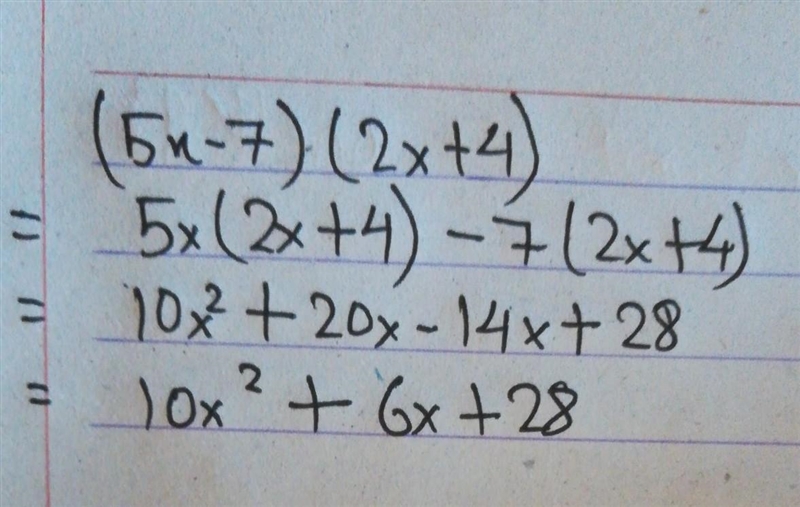 Please help!! I'm so bad at math! find the product of (5x-7)(2x+4)-example-1