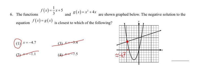 The function f(x) = 1/3x + 5 and g(x) = x^2 + 4x are shown graphed below. The negative-example-1