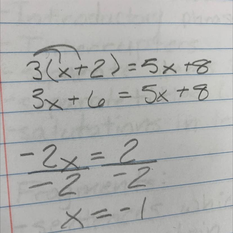 Analyze this equation. 3 (x + 2) = 5x + 8 What is the value of x ? A. -3 B. -1 C. 1 D-example-1