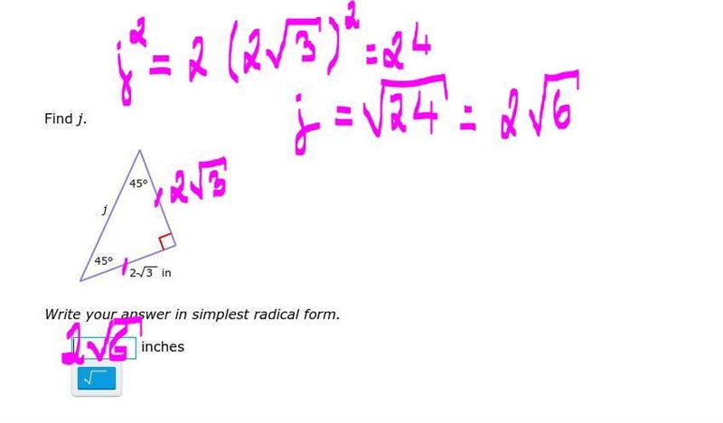 Find j. Write your answer in simplest radical form.-example-1