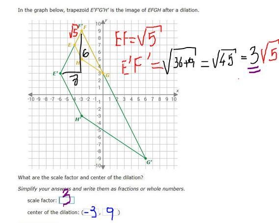 What are the scale factor and center of the dilation?-example-1