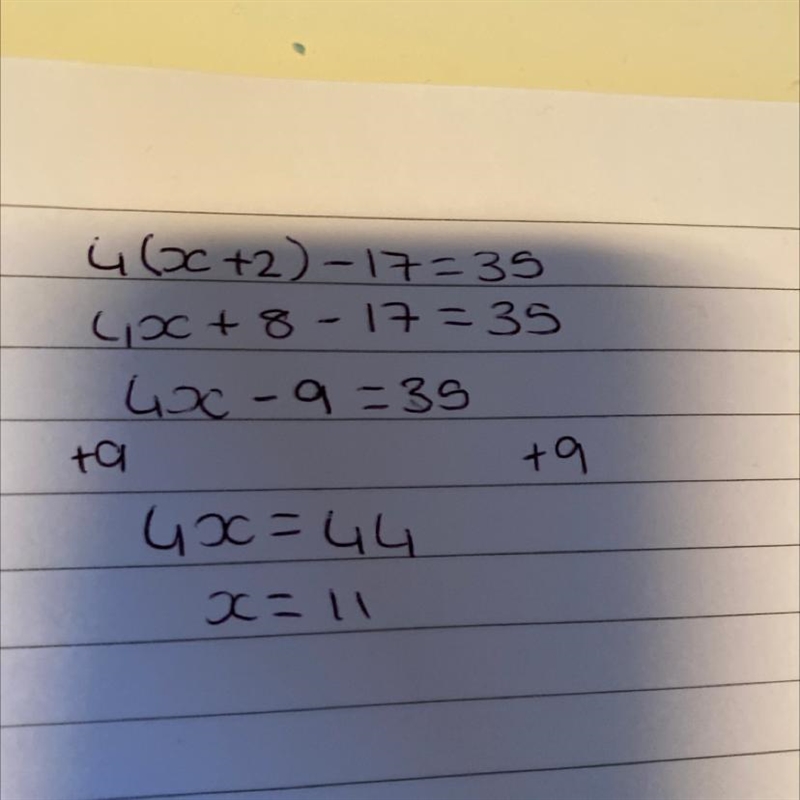 Solve the following equation: 4(x + 2) - 17 = 35 A: -11 B: 25/2 C: 15 D: 11-example-1