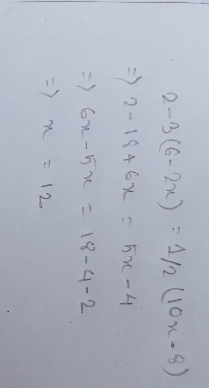 What is the solution of x in 2-3(6-2x)=1/2(10x-8)-example-1