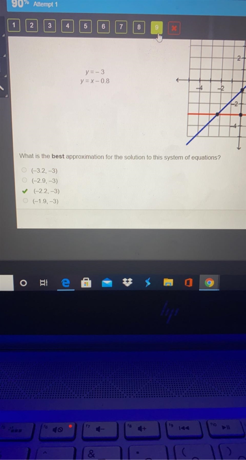 What is the best approximation for the solution to the system if equations? (-3.2,-3) (-2.9,-3) (-2.2,-3) (-1.9,-3)-example-1