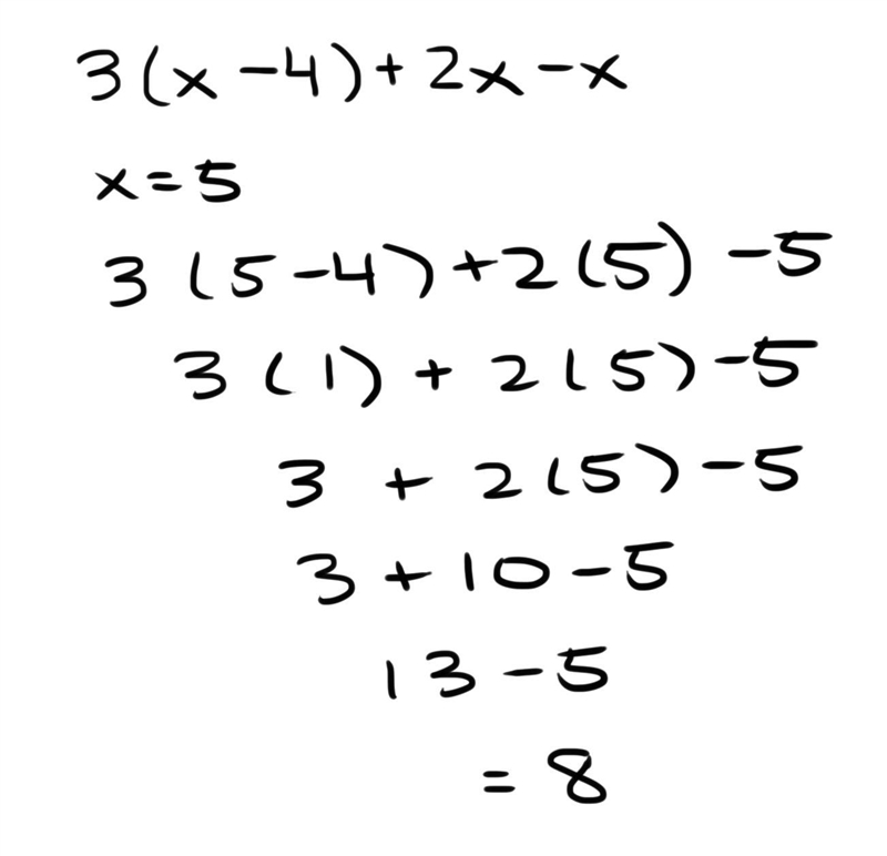 Evaluate 3(x - 4) + 2x - x? for x = 5. A. - 12 B. -4 Ć. 40 D.0​-example-1