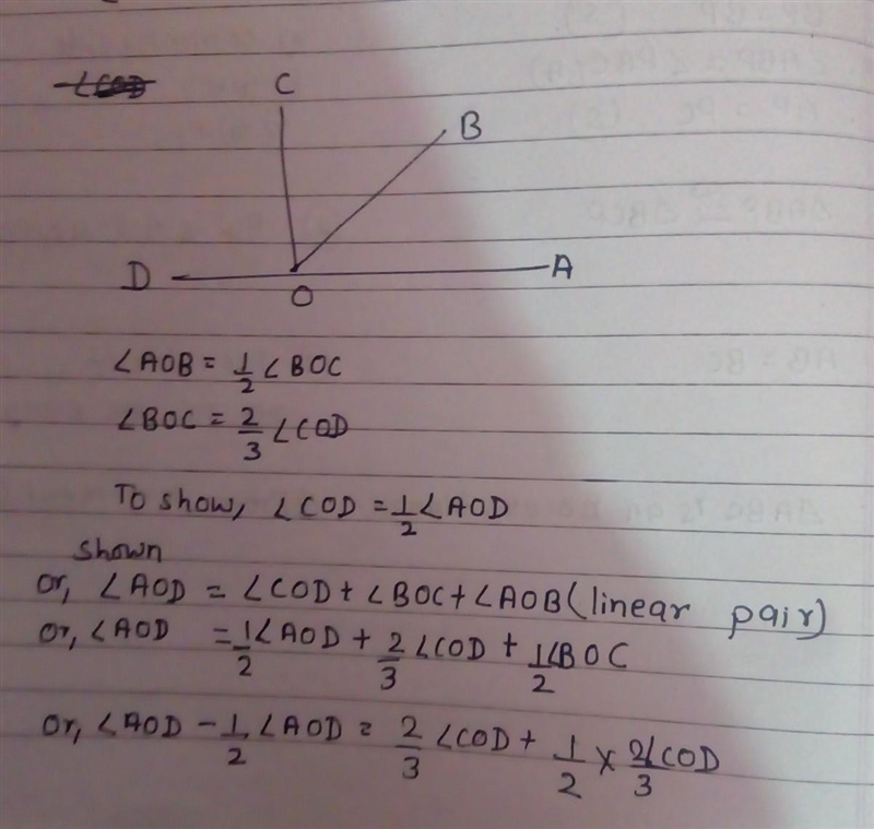 In the figure, \angle AOB = (1)/(2)\angle BOC and \angle BOC = (2)/(3)\angle COD . Show-example-1