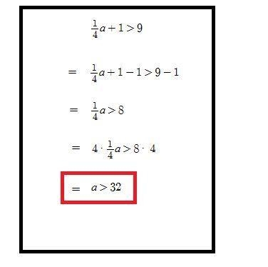 What is a possible solution to the inequality? 1/4a +1 > 9-example-1