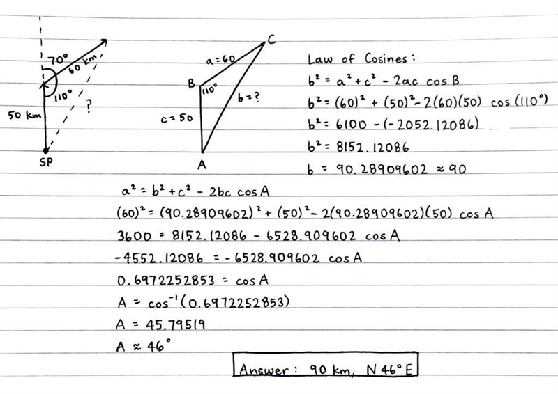 50 A jet flies due North far a distance of 50 cm and then on a bearing of N TOE for-example-1